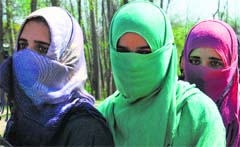 Young women voters in Noorabad village in Kulgam district. Tribune photo