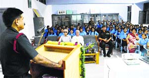 An officer of NCC 3 Girls (PB) delivers a lecture at BVM School, Udham Singh Nagar, Ludhiana, on Thursday