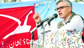 Chief Minister Omar Abdullah addresses an election rally in central Kashmirs Budgam district on Friday