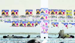 Posters of Lok Sabha candidates pasted on a wall near Orient Cinema in Ludhiana. Tribune photo: Himanshu Mahajan