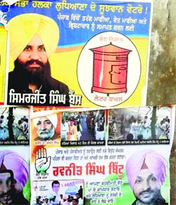 Posters of candidates dot the wall of a house in Jagraon. A Tribune photograph