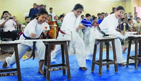 Girls showing their skills during a self-defence function at Police Line, organised by the Delhi Police in North Delhi on Saturday.