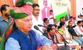 BJP leader Shanta Kumar during a campaign in Palampur on Saturday.