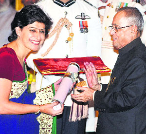 Anjum Chopra being honoured with the Padma Shri during the Padma Awards function at Rashtrapati Bhavan on Saturday.