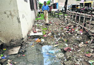 Sewage leaked out of EWS flats at the rehabilitation colony in Sector 56, Chandigarh. 