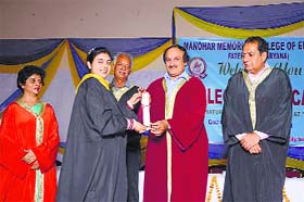 Vice-Chancellor Radhe Sham Sharma awards degrees to students at the MM College of Education in Fatehabad on Saturday