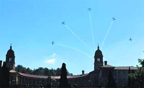 Aircraft perform above the Union Building in Pretoria during Sundays democracy anniversary celebrations. The day marks the end of the apartheid era when all races went to the polls to cast their votes in the historic 1994 elections.