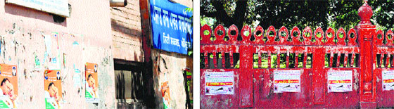 Supporters paste posters of BJP primeministerial candidate Narendra Modi on a wall, Hall Gate; and (right) AAP activists paste posters of the party candidate in Company Bagh in violation of the model code of conduct in Amritsar.