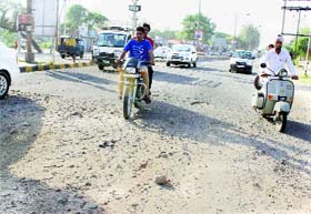 A damaged road near the Rose Garden in Bathinda