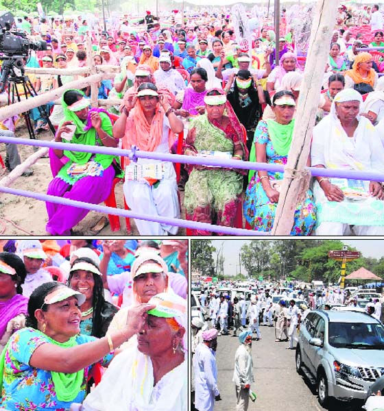 Poll mood: Residents gather at AICC vice-president Rahul Gandhis rally in Bathinda on Monday; (below left) women busy adjusting party caps; (below right) road blocked outside the venue of the rally in Bathinda on Monday