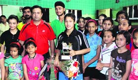 Badminton player Himanshi Rawat selected for the Tata Badminton Academy of Bengaluru at a function in Dehradun on Monday.