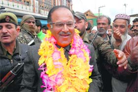 PDP candidate for the Srinagar parliamentary constituency Tariq Hameed Karra addresses an election rally at Natipora in Srinagar