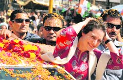 Priyanka Gandhi Vadra campaigns in Rae Bareli on Monday. PTI
