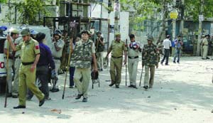 Delhi Police personnel deployed outside Sarvodaya Kanya Vidyalaya, Jahangirpuri in northwest Delhi on Tuesday.