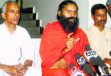Ramdev addresses mediapersons in Chamba on Tuesday