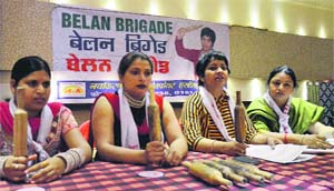 Members of the Navkiran Women Welfare Association address a press meet in Ludhiana on Tuesday