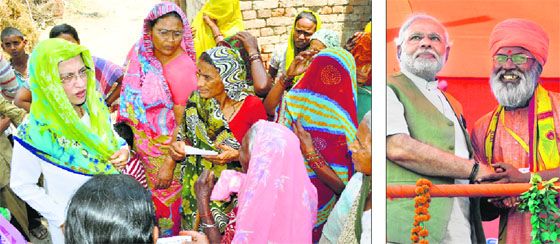 Sitting Congress MP Annu Tandon meets women supporters; and (right) Sakshi Maharaj of the BJP with Narendra Modi.