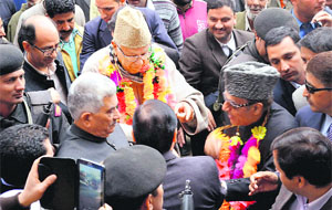 Union Minister and National Conference (NC) patron Farooq Abdullah and J-K Congress chief Saifuddin Soz with their joint candidate Sharifuddin Shariq in Baramulla.