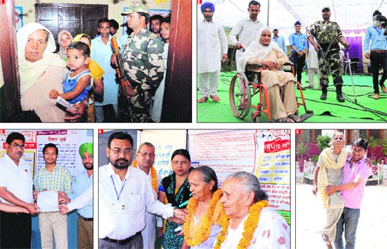 (Clockwise from above) 1. Voters line up in a queue to cast their vote; 2. A differently-abled woman at a polling booth in Badal village; 3. An elderly being taken to a polling booth in Bathinda on Wednesday; 4. First ten voters being honoured in Bathinda on Wednesday. 5. Rakesh Kumar receives the first-time voter certificate