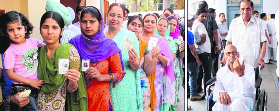 Women stand in a queue at a polling booth at Mata Gee Vee Nagar; and (right) a senior citizen shows the ink mark on his finger after casting his vote in Bathinda on Wednesday