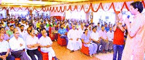 BJP candidate for Hamirput Anurag Thakur addresses sportspersons and members of sports associations in Una on Wednesday. Photo: Rajesh Sharma