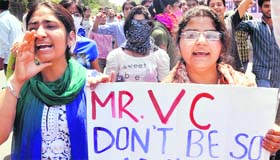 Activists of the Akhil Bharatiya Vidyarthi Parishad and students of Jammu University protest on Wednesday.