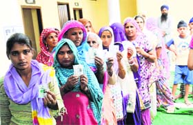 Making it count: Women and men wait for their turn to vote at Badal village in Muktsar district