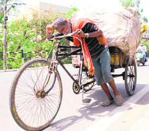 Labourers toil hard under a harsh sun on Labour Day in Amritsar on Thursday. In the absence of enough wlefare policies for them, successive governments have failed to provide a life of dignity to millions of labourers in the country.