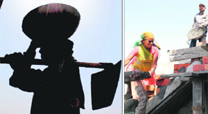 Labourers toil hard under a harsh sun on Labour Day in Amritsar on Thursday. In the absence of enough wlefare policies for them, successive governments have failed to provide a life of dignity to millions of labourers in the country.