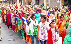 Women take part in Kalash Yatra on the ocassion of Parshuram Jayanti in Bathinda on Thursday.