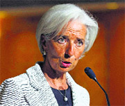 International Monetary Fund Managing Director Christine LaGarde makes a statement on sanctions against Russia during a press conference in Washington
