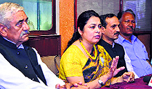 BJP national spokesperson Meenakshi Lekhi addresses mediapersons in Una on Thursday