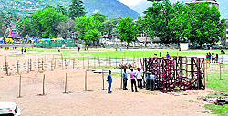 A stage being prepared for AICC president Sonia Gandhi's rally scheduled on May 4 at Kullu