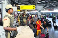 Security agencies mount a watch at the railway station in Jammu on Thursday. Tribune photo: Inderjeet Singh