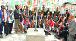 Congress legislator from Leh Norboo Galichan addresses workers at the party office in Leh on Thursday. Tribune Photo: Anand Sharma 