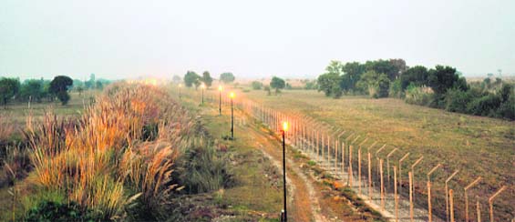 The floodlit international border in the RS Pura sector of Jammu district. A Tribune File Photo