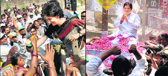 Priyanka Gandhi meets people during an election campaign in Rae Bareli; and (right) BJP candidate Varun Gandhi on the way to file his nomination papers in Sultanpur