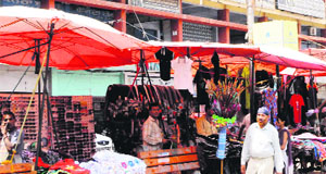 A view of the road leading to the Golden Temple encroached upon by vendors in Amritsar.