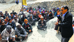 Congress candidate Tsering Samphel addresses a rally in a village near the Leh-Kargil highway on Friday.