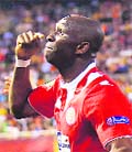 Sevillas Stephane Mbias celebrates after scoring a goal against Valencia during their Europa League semifinal in Valencia on Thursday. Reuters