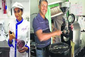 Sleight of Hand is popular for its delectable brownies; and (right) At The Flying Squirrel small batches of beans are roasted and ground on order