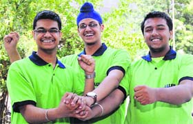 (From left): Hardik Verma, Gurkirat Singh Bajwa and Aryan Garg share a light moment in Chandigarh on Saturday