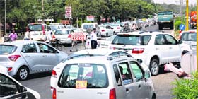 Chock-a-block: Traffic moves at a snail’s pace near the Kalagram light point due to re-carpeting of the Chandigarh-Panchkula road on Saturday