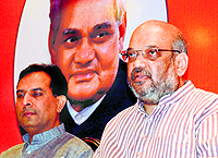 BJP leader and UP in-charge Amit Shah at a press conferece in Varanasi on Saturday