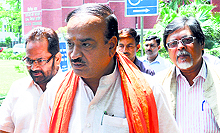 BJP leaders (from left) Mukhtar Abbas Naqvi, Ananth Kumar and Chandan Mitra in New Delhi on Saturday