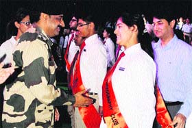 BSF DIG MF Farooqui interacts with students of Spring Dale School in Amritsar on Sunday.