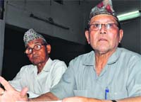 National president of the All-India National Gorkha Morcha addresses a press conference at Hindi Bhavan in Dehradun on Sunday. A Tribune photograph