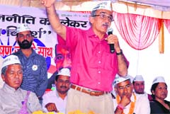 Aam Aadmi Party leader Prashant Bhushan addresses party workers in Dehradun on Sunday. A Tribune photograph
