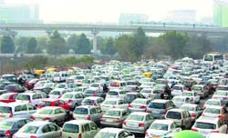 Bumper-to-bumper traffic on the Gurgaon expressway. A tribune photograph
