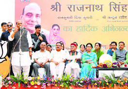 BJP national president Rajnath Singh addresses a public rally at the Chogan Ground in Nahan